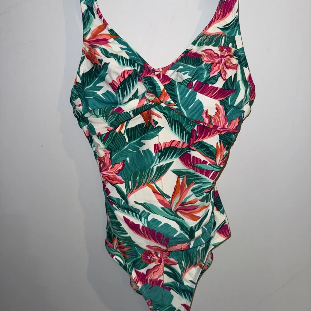 Kona Sol‎ Tropical Floral Palm Print One Piece Swimsuit Green Pink Small 4-6